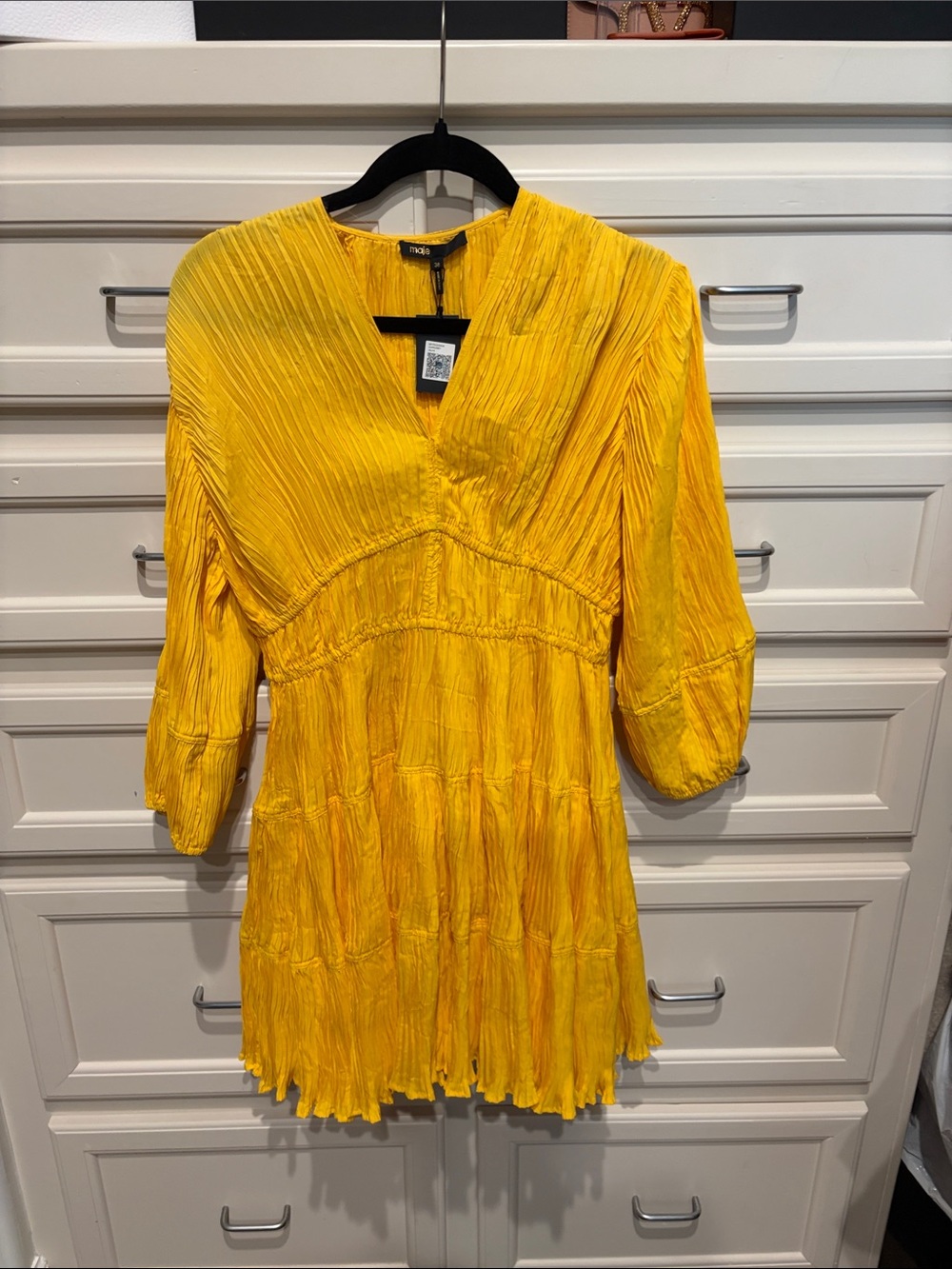 Maje Yellow Crinkle V-Neck Mini Dress
